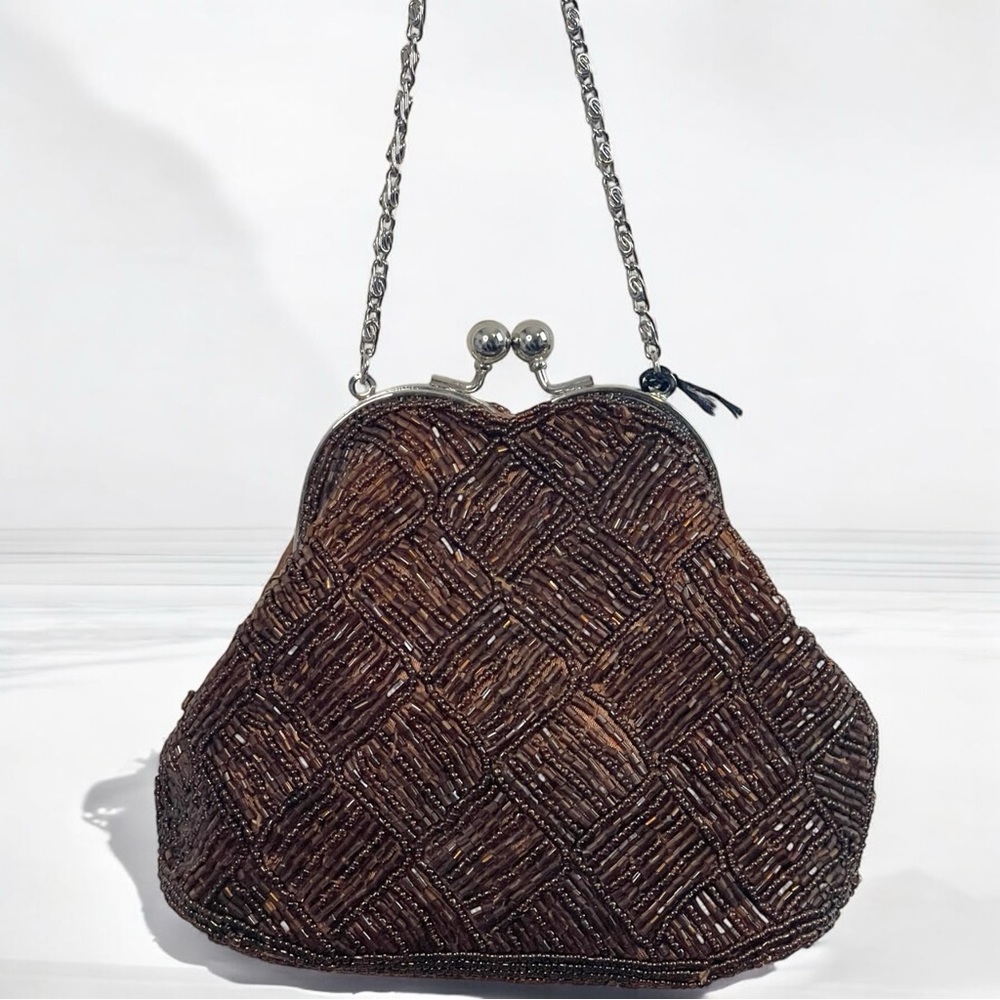 Bijoux Terner Brown Beaded Woven-Pattern Clutch